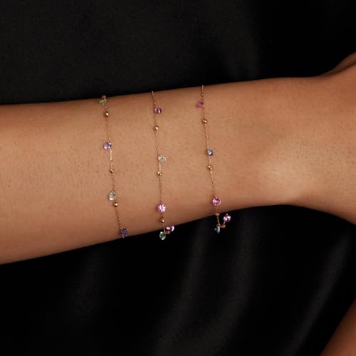 NFYBD 14K Solid Gold Custom Multi-Gemstone Station Bracelet in Real Pure Gold Gift for Women (Simulated diamonds and garnets)