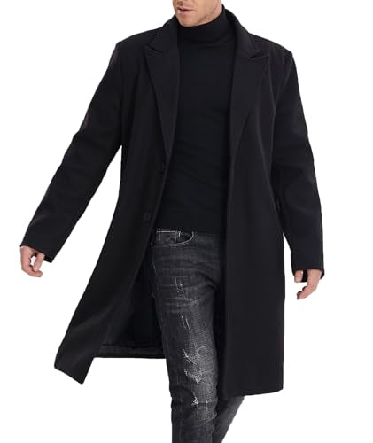 SOMTHRON Men's Casual Trench Coat Mid Long Single Breasted Slim Fit Peacoat Notched Lapel Winter Business Overcoat BL-XL