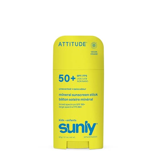 ATTITUDE Kids Mineral Sunscreen Stick SPF 50, Broad Spectrum Zinc Oxide, EWG Verified, Non-Nano, Mess-Free Stick for Face & Body, Lightweight Non-Greasy, Vegan, Unscented, 2 Oz