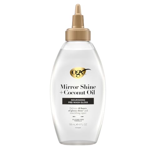 OGX Mirror Shine + Coconut Oil Pre-Wash Hair Gloss, Nourishing Rinse Out Hair Treatment for 48 Hours of Glossy Shine & Damage Repair, Lightweight Oil Mends Split Ends, 4 fl. oz