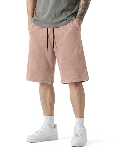 JMIERR Acid Washed Cotton Shorts for Men Relaxed Fit Stretchy Comfy Elastic Waist Drawstring Streetwear Summer Y2K Vintage Baggy Dress Shorts, Light French Beige, Medium