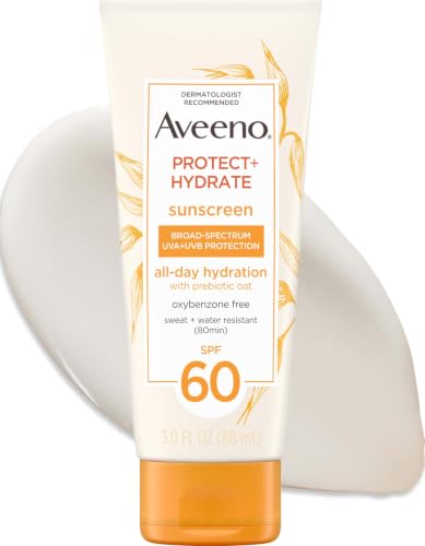 Aveeno Protect + Hydrate Sunscreen Lotion for Body & Face with Prebiotic Oat, SPF 60 Broad Spectrum Sunscreen, Paraben, & Oil Free, Water & Sweat Resistant (80-min) for Sensitive Skin, 3 Fl Oz