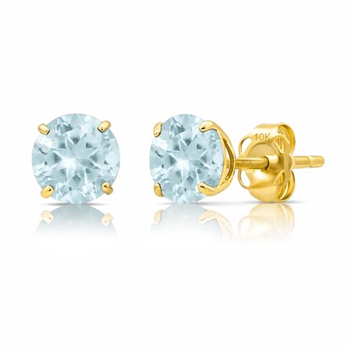 10K Yellow Gold Round Aquamarine Stud Earrings for Women with Push Backs | 6mm Blue March Birthstone Earrings | Solid Real 10 Karat Gold Gemstone Earrings for Women by MAX + STONE