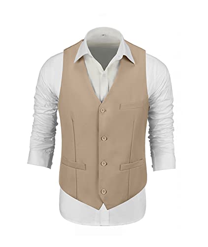 Men Suits 3 Piece Tan Suit Set for Men, Slim Fit Two Button Business Wedding Prom Tuxedo Suit Blazer Vest Pants with Tie-L