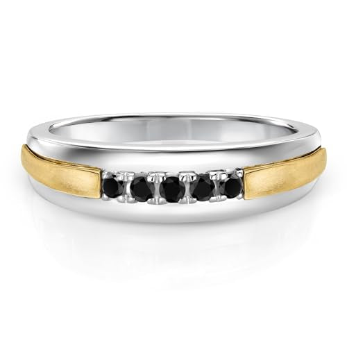 Gem Stone King Black Diamond Satin Finish Wedding Band Ring For Men | 925 Sterling Silver and 10K Yellow Gold | 0.17 Cttw | Round 2MM | Size 8