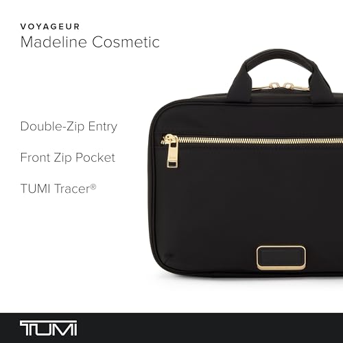 TUMI - Voyageur Madeline Cosmetic Bag - Women's Travel Makeup Toiletry Case, Lightweight with Zip Pockets and Metal Hanger - Medium, Black with Gold Hardware