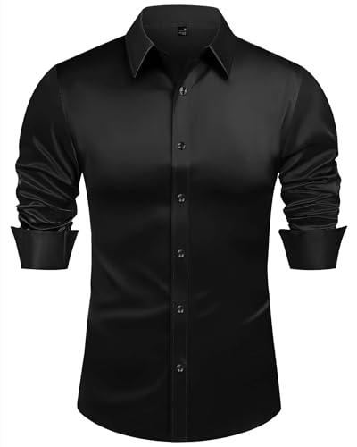 J.VER Men's Luxury Long Sleeve Dress Shirt Shiny Silk Like Satin Regular fit Shirts for Wedding Party Prom Shirt Black Medium