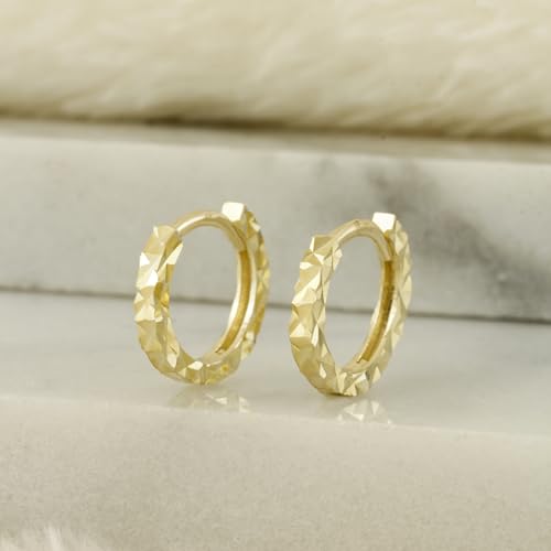 10K Solid Gold Dainty Huggie Hoop Earrings, Diamond Cut Real Gold Hoop Earrings, Small Huggie Hoops - Serena Sparkles (7.5mm Hoops)