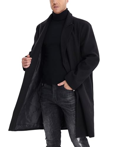 SOMTHRON Men's Casual Trench Coat Mid Long Single Breasted Slim Fit Peacoat Notched Lapel Winter Business Overcoat BL-XL