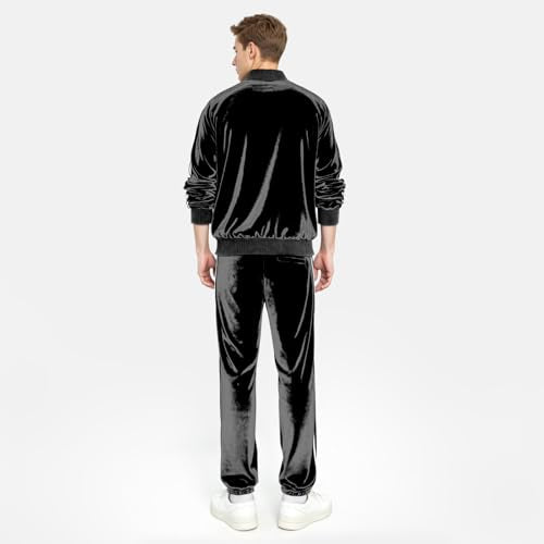Heyfanee Mens Track Suits 2 Piece Set Velour Black Jogging Suits for Men Winter Slim Fit Sweatsuit L