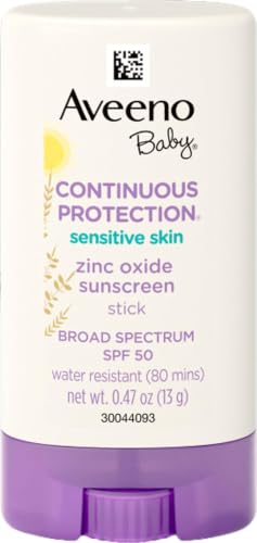 Aveeno Baby Continuous Protection Mineral Sunscreen Stick for Sensitive Skin with Broad Spectrum SPF 50 Protection for Face & Body, Naturally Sourced 100% Zinc Oxide, Travel Size, 0.47 oz