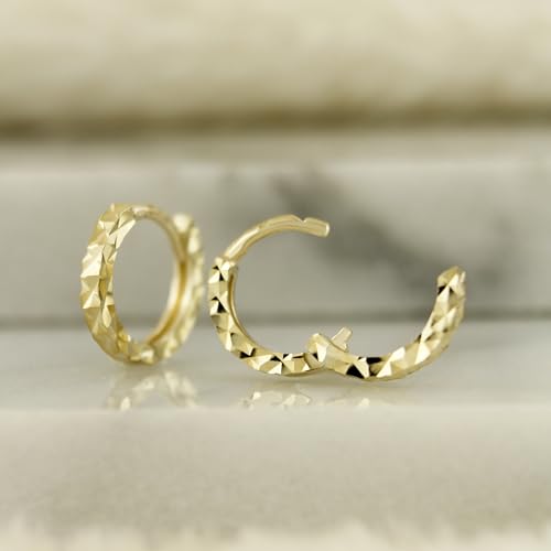 10K Solid Gold Dainty Huggie Hoop Earrings, Diamond Cut Real Gold Hoop Earrings, Small Huggie Hoops - Serena Sparkles (7.5mm Hoops)
