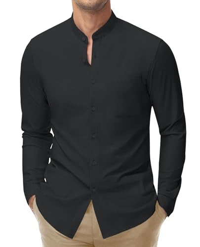 DEMEANOR Men's Collarless Dress Shirt Mandarin Collar Long Sleeve Button Down Shirts Stretch Tops with Pocket Black XL
