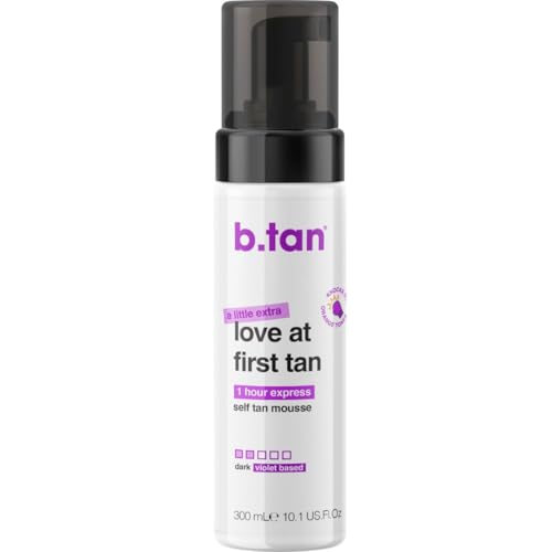 b.tan Large Violet Base Self Tanner Mousse | A Little Extra Love At First Tan - 1 Hour Express Sunless Tanning Foam, Cancels Orange Tones, Dark Bronze Glow, No Fake Tan Smell, Face & Body, 10.1 Fl Oz