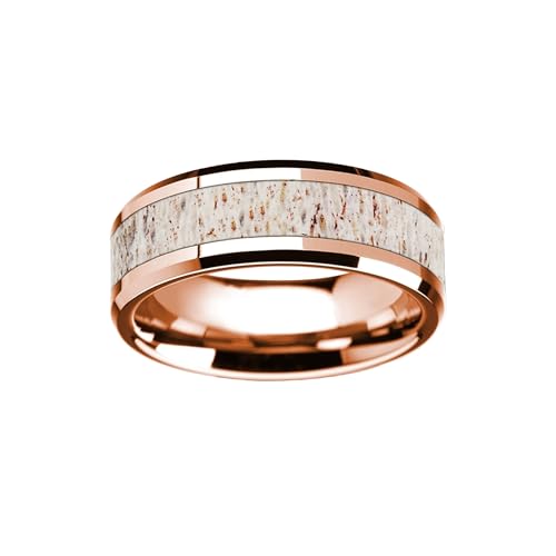 Deer Antler Ring 14K Rose Gold Mens Wedding Band Tungsten Rings for Men with Antler Inlay and Beveled Edges 8mm Rustic Elk Stag Anniversary Gifts for Him