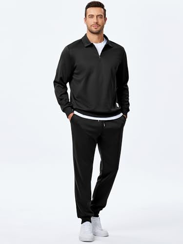 JMIERR Mens Outfits Track Suits 2 Piece Set Long Sleeve Quarter Zipper Polo Shirt& Joggers Sweatpants with Pockets, Fall Tracksuit Sweatsuits Matching Lounge Sets, Black, XL