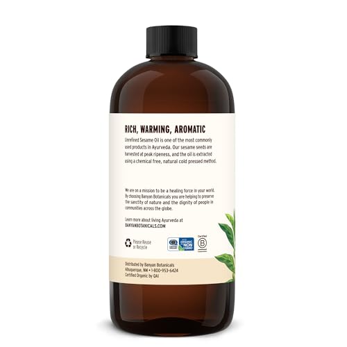 Banyan Botanicals Organic Unrefined Sesame Oil – Rich & Warming Ayurvedic Massage Oil for Body & Scalp – Traditional Abhyanga Oil for Deep Tissue Grounding & Recovery – 16 oz – USDA Organic