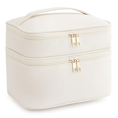 HBlife Double Layer Travel Makeup Bag Portable Cute Leather Cosmetic Bag Large Make Up Bag Makeup Case Organizer Toiletry Bag for Women Girls with Handle and Removable Divider(Beige)