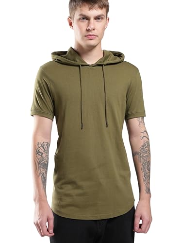 Klizzer Luxury Hoodie for Men - 100% Cotton Short Sleeve Hooded T-Shirts - Lightweight Cool Muscle Tees Pullover, Military Green - 2XL