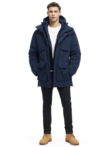 Rejork Long Winter Jackets for Men Faux Two-Piece Waterproof Parka Snow Warm Coats with Hood 2XL