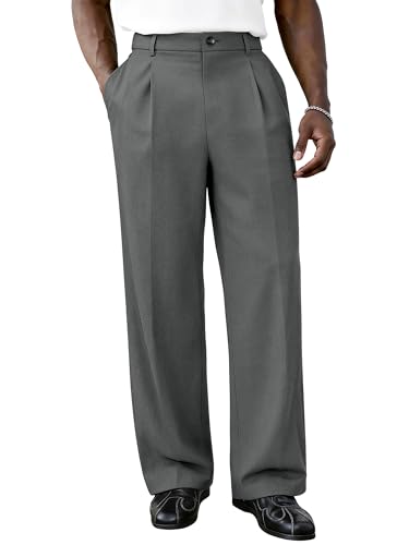 PLEPAN Men's Casual Dress Pants Pleated Baggy Wide Leg Relaxed Fit Slacks Expandable Waist Trousers Dark Gray Medium