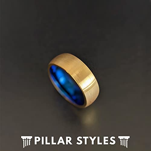 14K Yellow Gold Tungsten Rings for Men Gold Wedding Band with Blue Interior Unique Gifts for Him 8mm Promise Ring