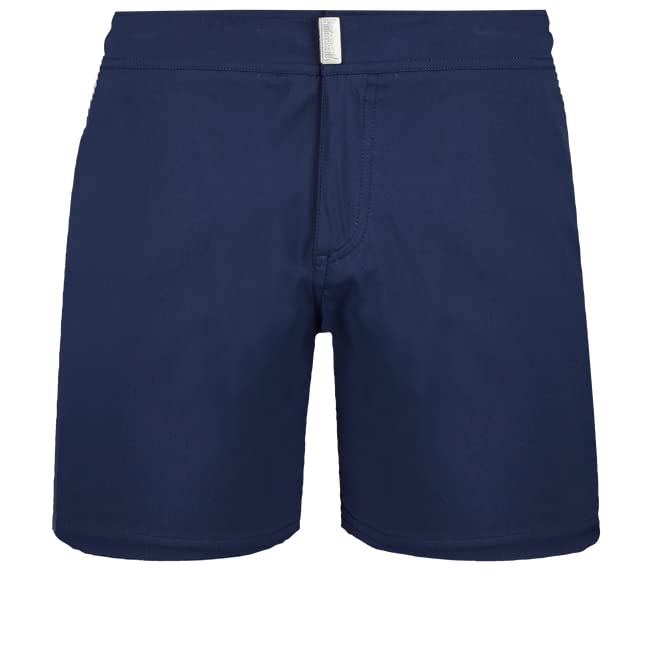 Vilebrequin Men Flat Belt Stretch Swim Trunks Solid, M, Navy Blue