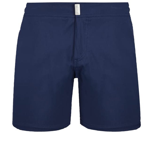 Vilebrequin Men Flat Belt Stretch Swim Trunks Solid, M, Navy Blue