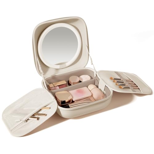 AMIRO Travel Makeup Bag with Stepless Brightness&3 Color LED Mirror, White