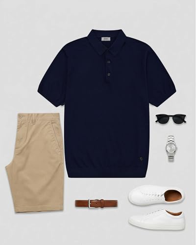 KVSS Men's Polo Shirts Pima Cotton & Cashmere Luxury Short Sleeve Polo Shirt for Men Lightweight Breathable Premium Knit Polo Marine