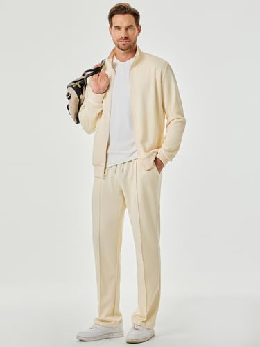 JMIERR Track Suit Mens Sweatsuit Casual Sports Jogging Sets Sweat Suit Full Zip Loungewear Sets Cream Textured Two Piece Outwear Regular Fit for Early Fall Spring, M, Beige