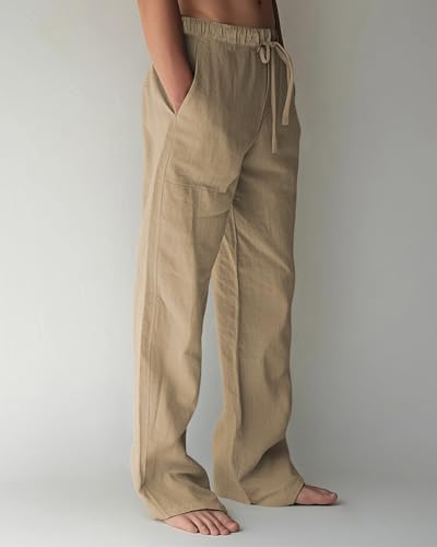BUXKR Men's Linen Pants Beach Casual Cotton Summer Lightweight Elastic Waist Drawstring with Deep Pockets Coffee