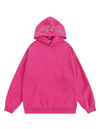 Aelfric Eden Rhinestone Hoodies Men Women Diamond Hooded Sweatshirt Fashion Luxury Casual Streetwear Unisex Hoodie Pullover Hot Pink M