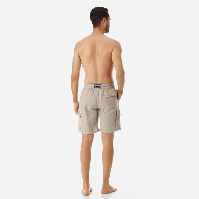 Vilebrequin Men Linen Bermuda Shorts Cargo Pockets, S, Safari