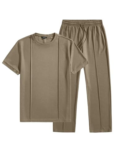 JMIERR 2 Piece Set for Men 2026 Crewneck Drawstring Tracksuit Summer Vacation Athletic Texture Sportwear Suits,S,Khaki