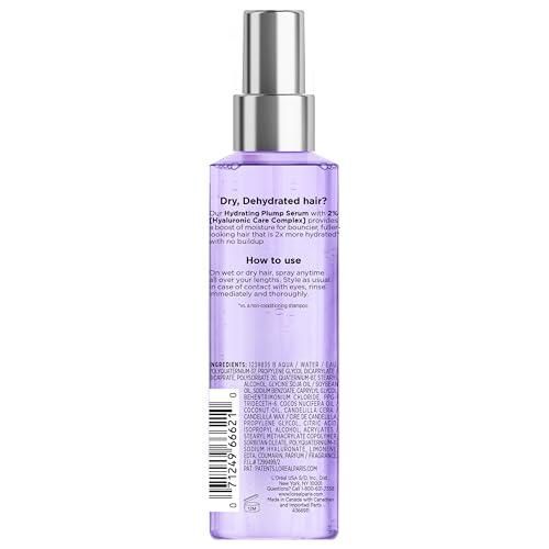 L'Oreal Paris Elvive Hyaluron Plump Moisture Plump Hair Serum for Dehydrated, Dry Hair with Hyaluronic Acid Care Complex, Paraben-Free, 4.4 Fl Oz