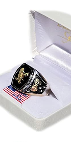 The Men's Jewelry Store 10k Yellow Bald Eagle Antiqued Ring, Sterling Silver, 12k Green and Rose Gold Black Hills Gold Motif, Size 13