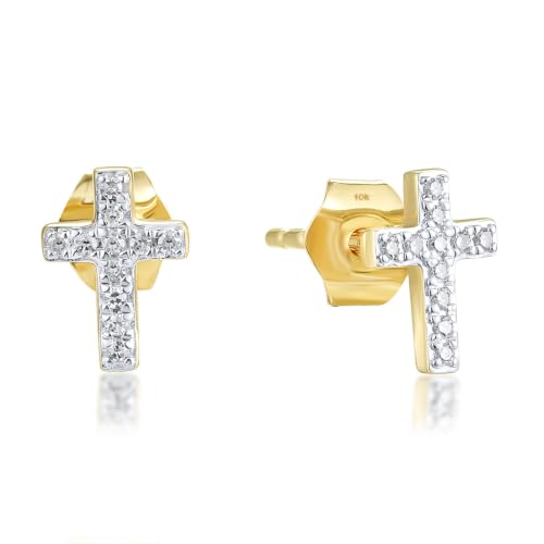 Santuzza 10K Yellow Solid Gold Cross Shape Genuine Diamond Stud Earrings