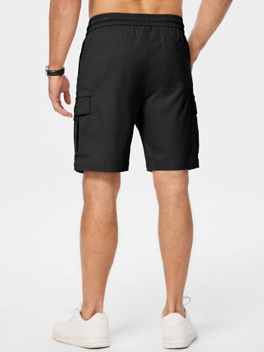 JMIERR Mens Stretch Cargo Shorts Cotton Classic Drawstring Relaxed Fit Extreme Motion Hiking Shorts, L,Black