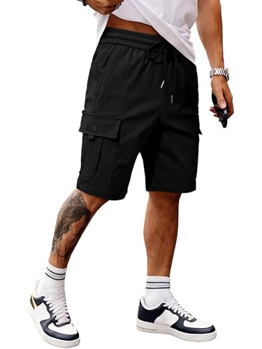 JMIERR Mens Stretch Cargo Shorts Cotton Classic Drawstring Relaxed Fit Extreme Motion Hiking Shorts, L,Black