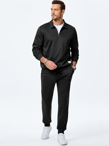 JMIERR Mens Outfits Track Suits 2 Piece Set Long Sleeve Quarter Zipper Polo Shirt& Joggers Sweatpants with Pockets, Fall Tracksuit Sweatsuits Matching Lounge Sets, Black, XL