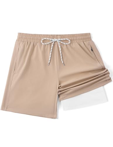 COOFANDY Mens Swim Trunks 7 Inch Board Shorts Swimwear Summer Beach 5 Inch Quick Dry Lined Bathing Suits Khaki Tan