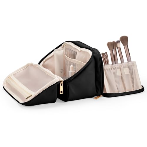 HauteHues Travel Makeup Bag for Women, Large Capacity Cosmetic Organizer & Toiletry Bag with Wide-Open Design, with Brush Holders & Compartments, Waterproof Case for Makeup & Skincare, Black