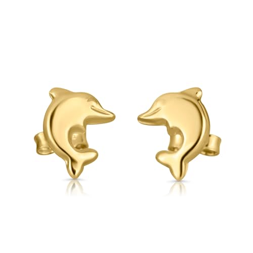 10k Solid Gold Ear Studs, Real Gold Stud Earrings, Dainty Gold Earrings, Minimalist Gold Ear Studs - Serena Sparkles (Dolphin)