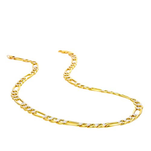 14k REAL Two Tone Gold Hollow Men's 6.5mm Bevelled Figaro 3+1 White Pave Chain Bracelet with Lobster Claw Clasp - 8"
