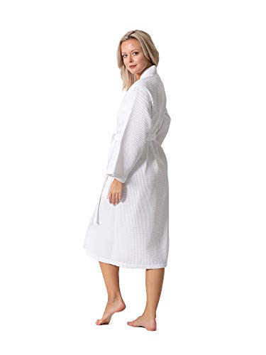 Turkish Linen Waffle Knit Lightweight Kimono Spa & Bath Robes for Women - Quick Dry - Soft (White, Large)