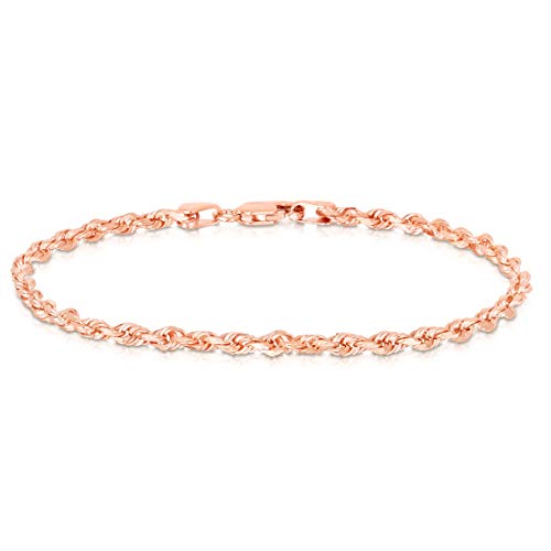 Floreo 10k Rose Gold 2.5mm Solid Rope Chain Diamond Cut Bracelet or Anklet 7 Inch