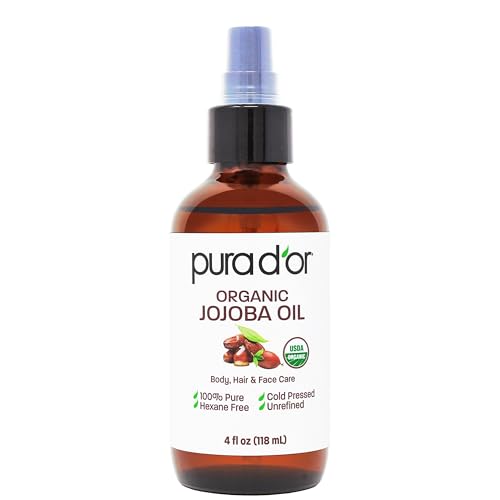 PURA D'OR Organic Jojoba Oil - USDA Certified - 100% Pure & Natural Moisturizer - Cold Pressed, Unrefined, Hexane Free, Skin Care, Hair, Body, Face & Nails, DYI Carrier Oil 4 Oz - Ayurvedic Hair Care