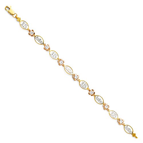 The World Jewelry Center 14k Real Tri Color Gold 15 A?os Bracelet with Lobster Claw Clasp - 7.25"