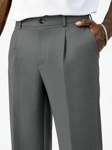 PLEPAN Men's Casual Dress Pants Pleated Baggy Wide Leg Relaxed Fit Slacks Expandable Waist Trousers Dark Gray Medium